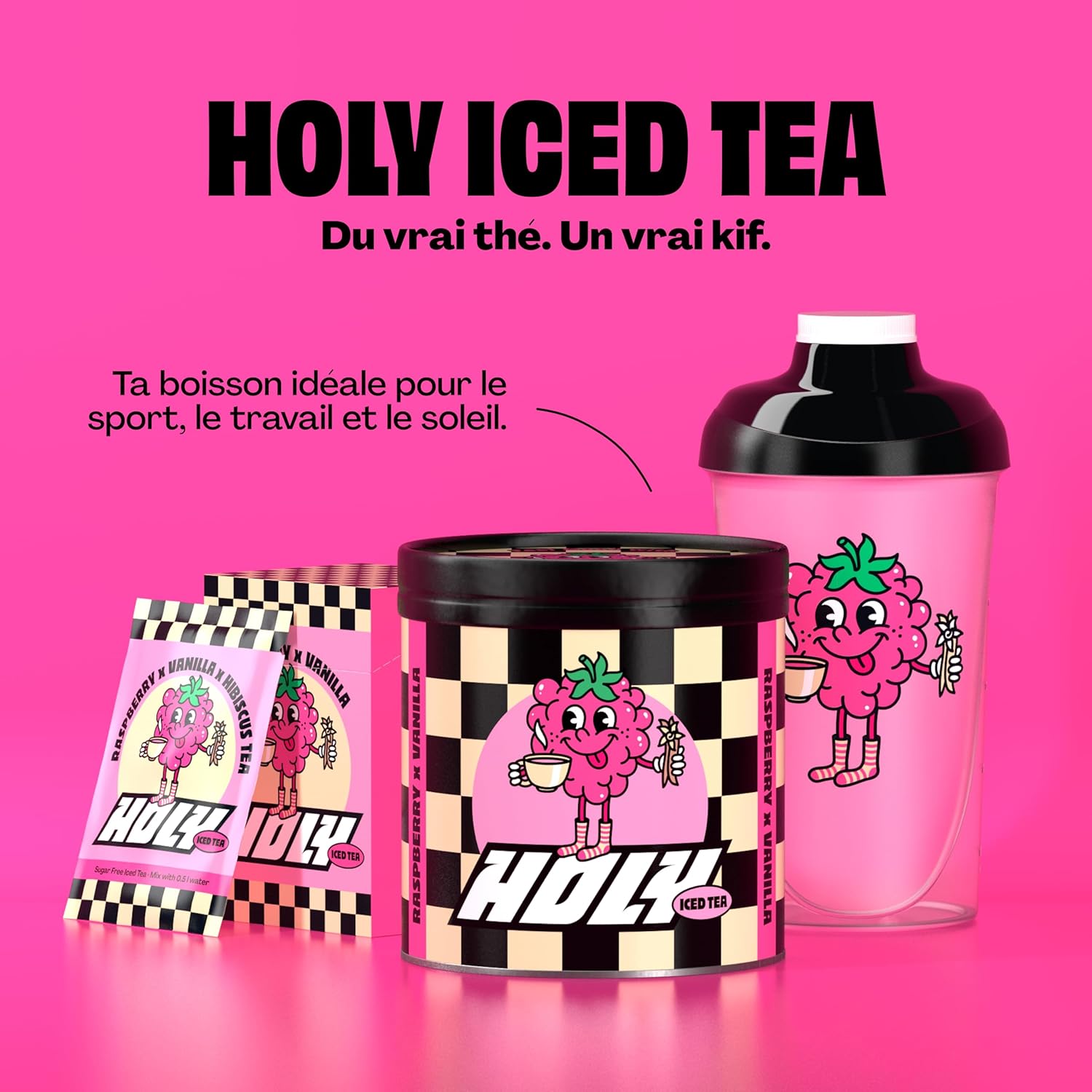 HOLY Iced Tea Framboise x Thé Vanille en Poudre - 50 Portions Thé Glacé - Ice Tea Sans Sucre - Boisson Rafraîchissante Vegan aux Antioxydants - Arômes de Fruits 100% Naturels Framboise 350 g (1 paquet)