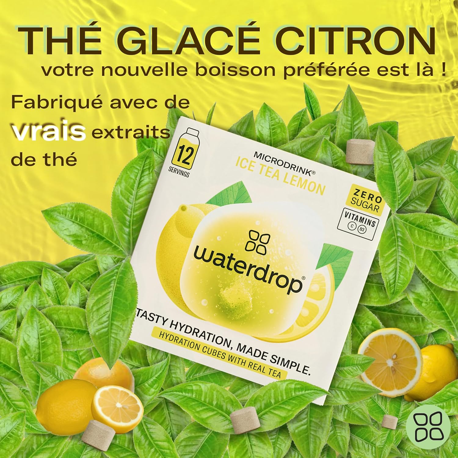 Waterdrop® Thé Glacé Citron, 36 cubes d'Ice Tea Sans Sucre, Saveur Thé Vert + Citron, Pastilles d'eau aromatisées pour boissons, Extraits naturels de fruits et de plantes, Enrichi en vitamines 3x Thé Glacé Citron