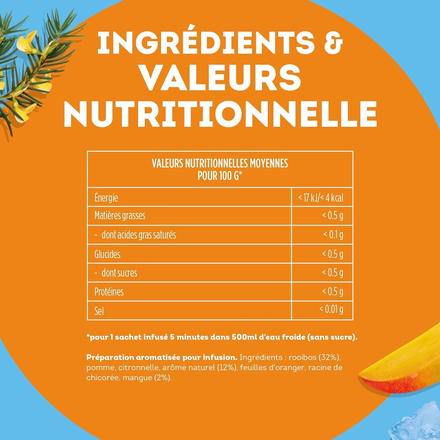 , Infuse à Froid, Infusion à Froid, Goût Mangue et Rooibos, Idéale pour le Thé Glacé, Ingrédients d'Origine 100% Naturelle, 6x15 Sachets Pyramid