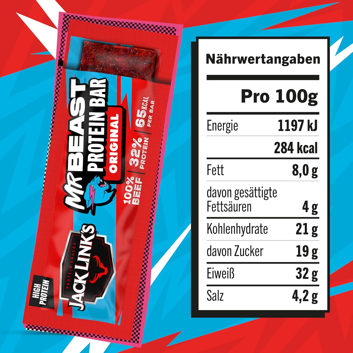 Jack Link's Protein Bar Original – Lot de 30 barres protéinées (10 x 3 x 22,5 g) – Barre de bœuf riche en protéines – Bœuf séché haute protéine – Sans gluten