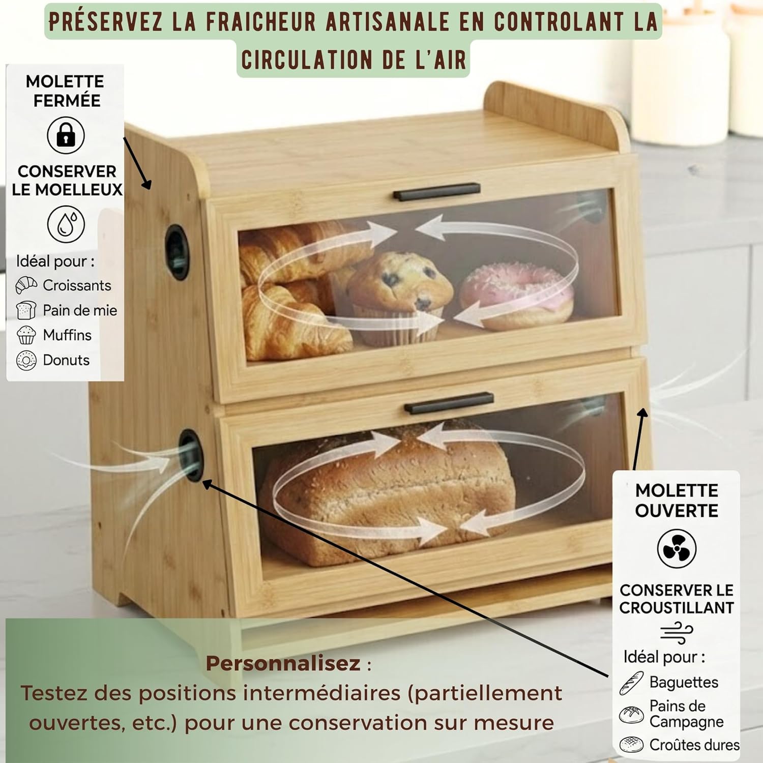 SWAYN Boîte à pain en Bambou Certifié FSC — Huche à Pain 2 étages, Ventilation Ajustable pour Prolonger la Fraîcheur, Planche Intégrée, Rangement Optimisé pour Conservation Pain (naturel)
