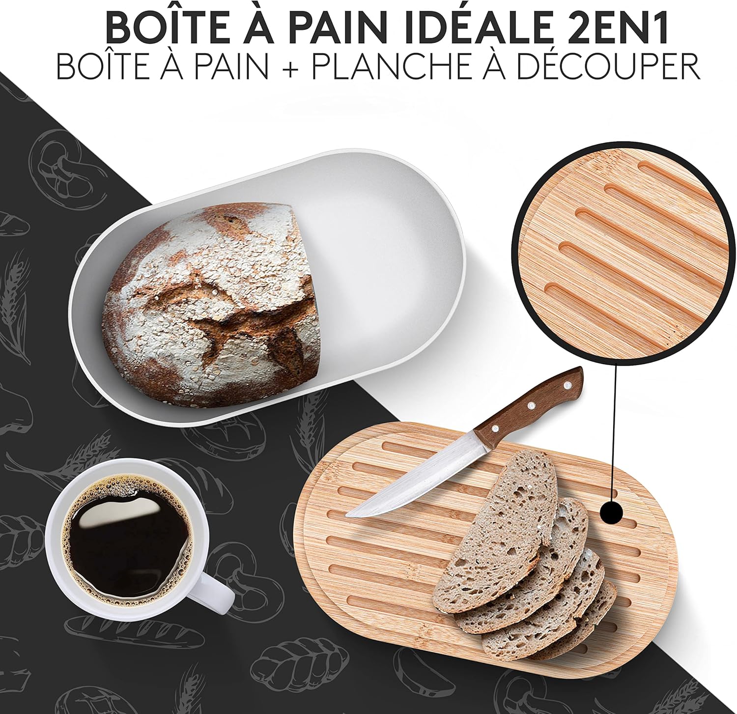 Vezato Boîte à pain durable pour une fraîcheur longue durée - Très grande corbeille à pain avec couvercle en bambou & planche à découper - avec sac à pain Blanc