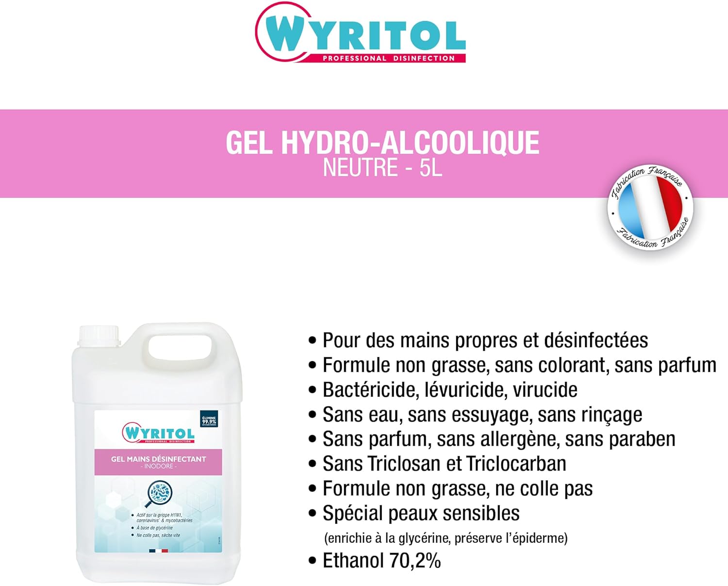 Gel Hydro-Alcoolique – Sans Colorant ni Parfum – Formule Naturelle à Base de Glycerine – Tous Types de Peaux – 5 Litres 5 l (Lot de 1)