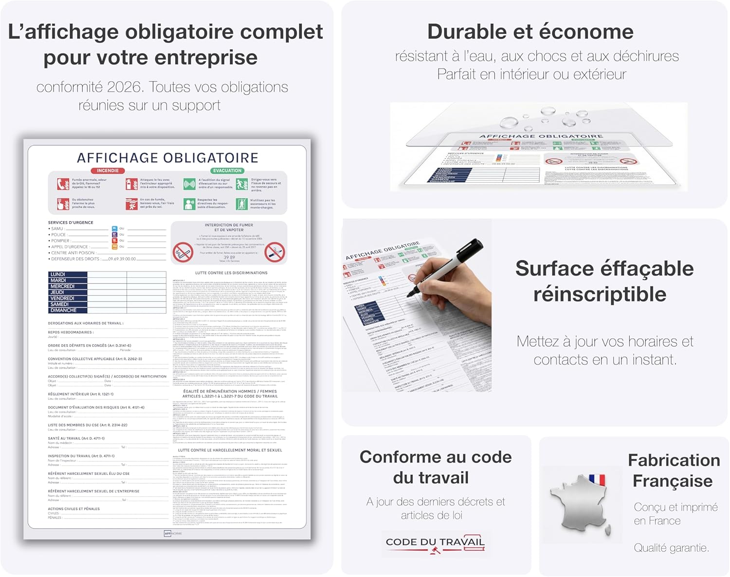 Affichage Obligatoire Entreprise 2026 - Pack Conformité: Panneau A3 Code du Travail + Affiche A4 Consignes Sécurité & Évacuation + Sticker A5 Interdit de Fumer - Kit Adhésif Complet, Fait en France Premium 1