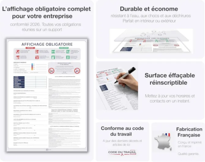 Affichage Obligatoire Entreprise 2026 - Pack Conformité: Panneau A3 Code du Travail + Affiche A4 Consignes Sécurité & Évacuation + Sticker A5 Interdit de Fumer - Kit Adhésif Complet, Fait en France Premium 1