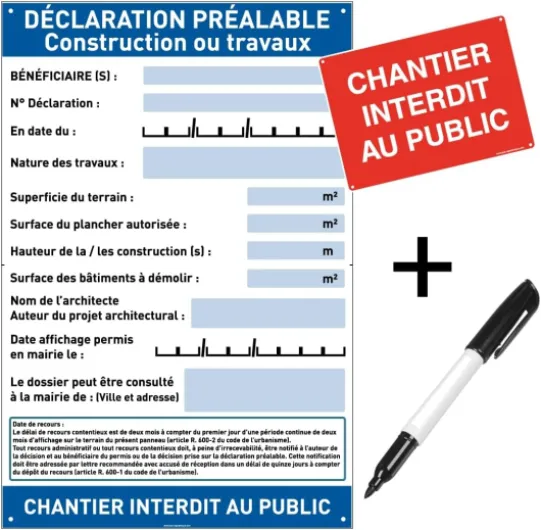 Panneau Déclaration Travaux Chantier– Akilux 5 mm – 80 x 120 cm – Avec Marqueur + Panneau “Chantier interdit au public” (Déclaration Préalable Travaux)