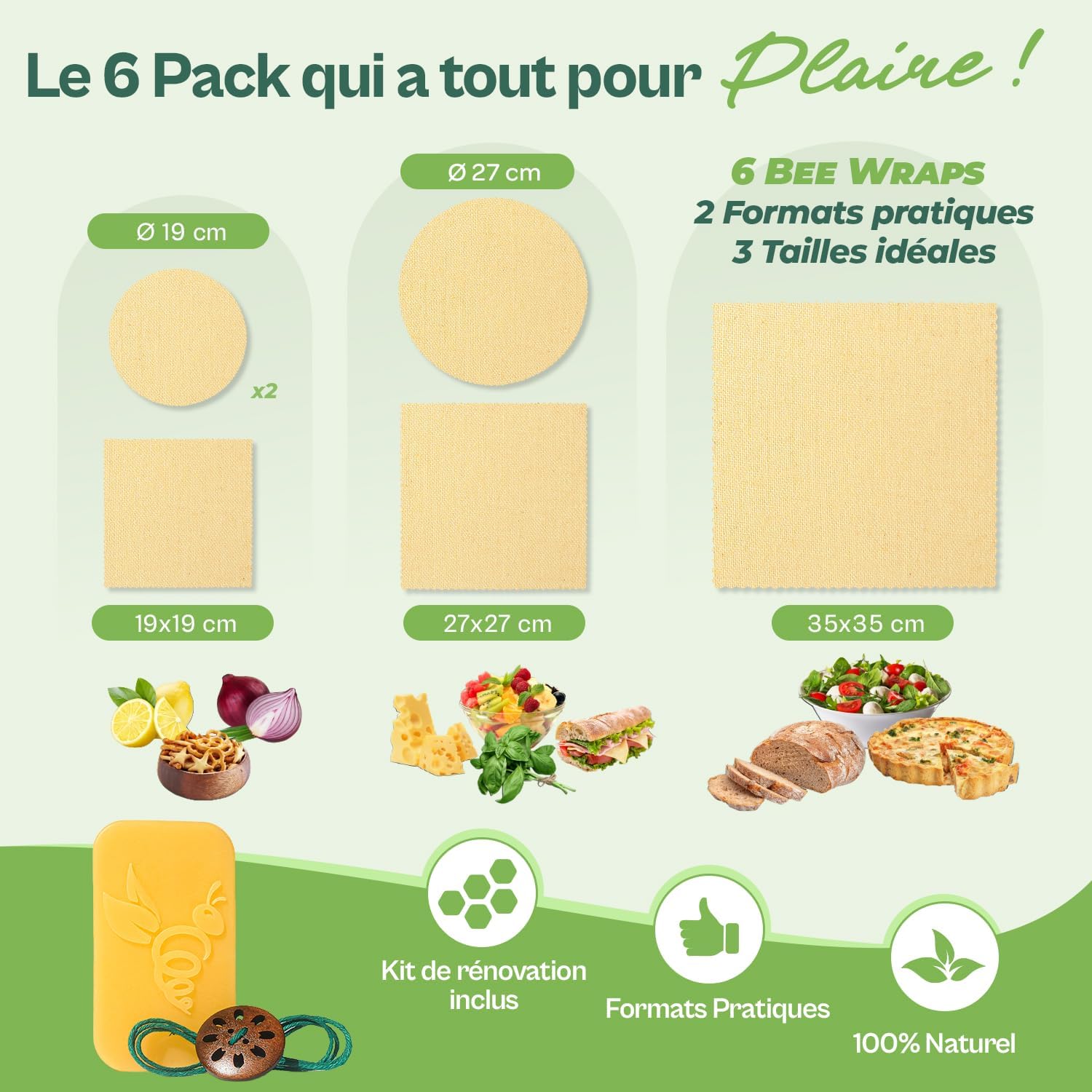 Wrap ou Emballage Cire d'abeille Réutilisable - Lot de 6 - Film Alimentaire Réutilisable écologique, lavable et zéro déchet - Cadeau Ecolo - Beewrap made in France (Écru naturel)