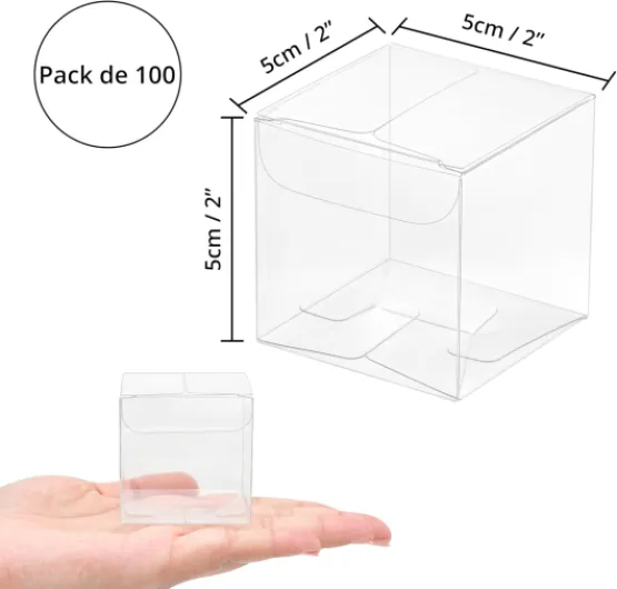 Winter Shore Lot de 100 petites boîtes cadeau en plastique de 5 cm - Transparent, de qualité alimentaire et en forme de cube - Petite boîte cadeau et boîte à cupcakes pour bonbons, savon, mariage et