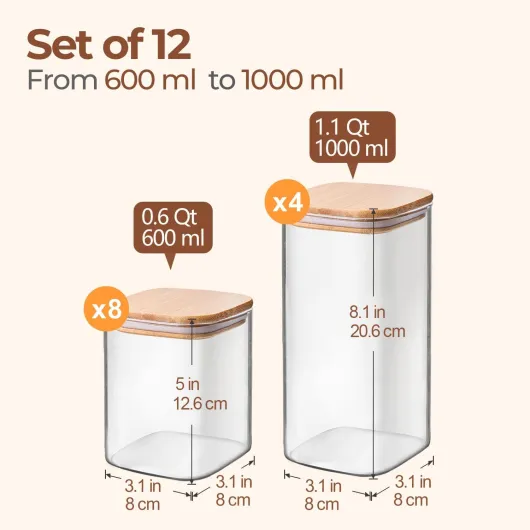 ComSaf Bocal en Verre Avec Couvercle, Pot en Verre Avec Couvercle, 600-1000 ml, Lot de 12 Pièces, Convient Pour Noix de Cajou, Gros Sel, Amandes Transparent 8x600ml/4x1000ml 12