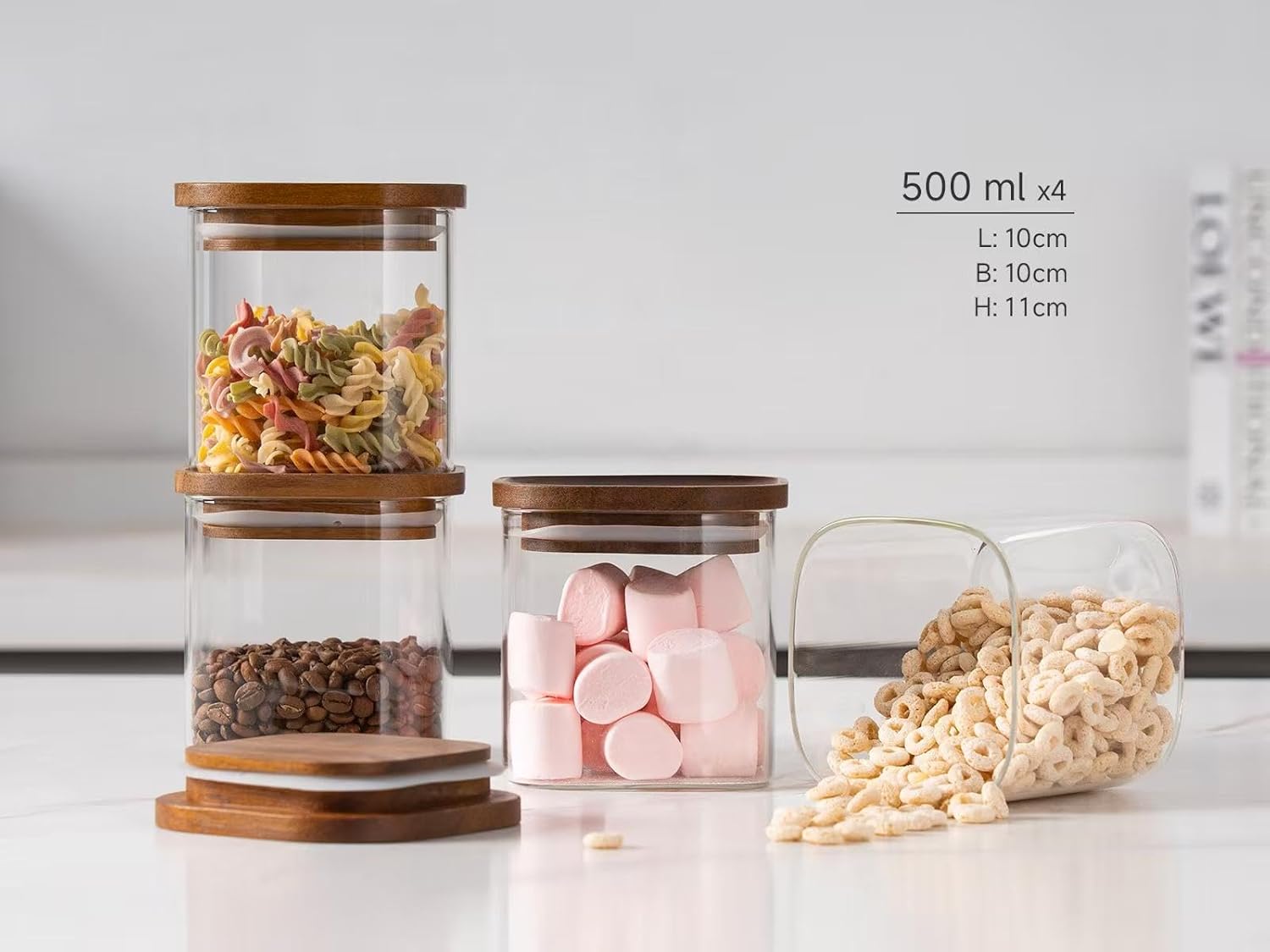 QuaLife Lot de 4 bocaux de conservation (500 ml) avec couvercle en bois – Contenants hermétiques en verre borosilicaté – Bocaux empilables pour muesli et pâtes – Rangement carré 4er-500ml