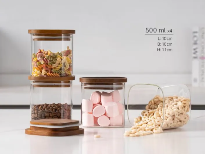 QuaLife Lot de 4 bocaux de conservation (500 ml) avec couvercle en bois – Contenants hermétiques en verre borosilicaté – Bocaux empilables pour muesli et pâtes – Rangement carré 4er-500ml