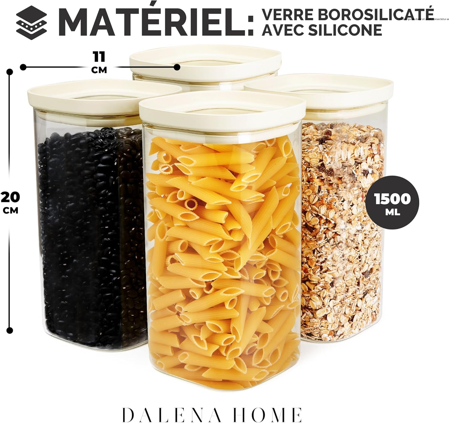 Bocaux Verre Hermétique Empilable, Set de 4 Verre Borosilicate Robuste + Etiquettes (4x 1500ml) - Boîte Rangement Cuisine - Pot Carrée 4 × 1.500 Ml - Calpe