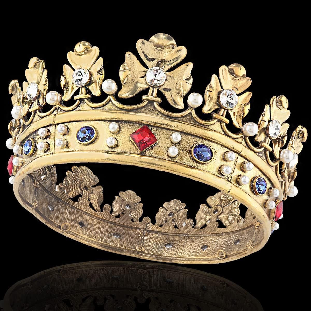 Couronne royale baroque en métal pour homme - Couronne de cheveux - Cercle complet - Accessoires pour cheveux pour fête d'anniversaire - Pour cosplay, bal de fin d'année, Quinceanera Small Size 6.1" Diameter Doré foncé avec pierre colorée