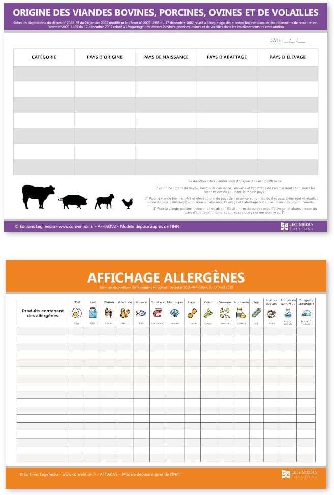 Pack de mise en conformité Restaurants - 11 Affichages et 4 Registres obligatoires avec 1 stylo-feutre offert - Kit de fixation inclus - Fabriqués en France - LEGIMEDIA ÉDITIONS