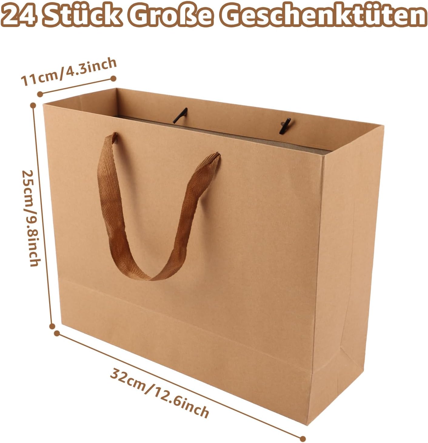 Lot de 24 Sacs Cadeaux Papier Kraft, Sac Cadeau Grand Format avec Poignée, 32 x 11 x 25 cm Sac Papier Kraft pour Noël, Anniversaire, Mariage, Fête Achats Lot de 24 (32 x 11 x 25 cm)