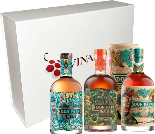 Coffret Cadeau Rhums Don Papa, 3 Bouteilles 70cl, Baroko avec Étui, Masskara et Alon, 40%.