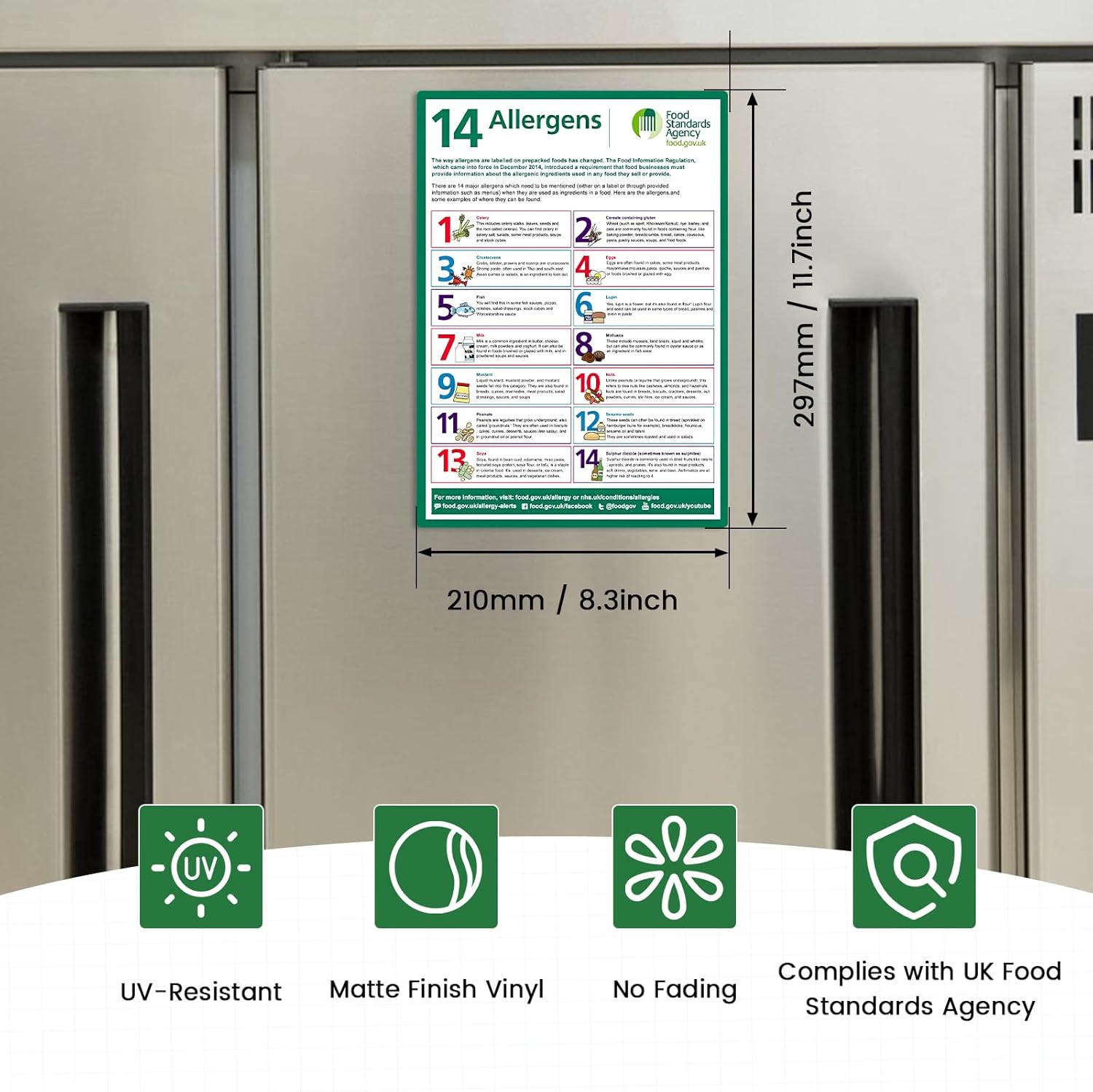 Lot de 3 panneaux en vinyle autocollant imperméable et résistant à l'huile, 14 allergènes majeurs, format A4 - 297 x 210 mm, pour les entreprises alimentaires britanniques 3 Panneau d'allergie