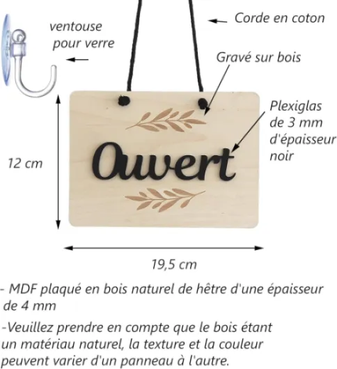 Panneau Ouvert Fermé pour magasins, restaurant, panneau en bois avec ventouse pour verre