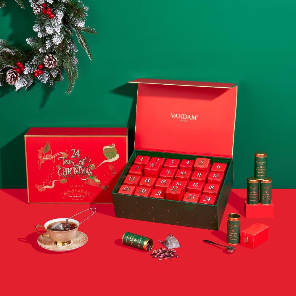 VAHDAM, Coffret cadeau du Nouvel An - 24 thés en vrac dans un coffret cadeau de luxe – 500g - Cadeaux du Nouvel An pour femmes et hommes - Cadeau pour amateurs de thé Assortiment de Noël