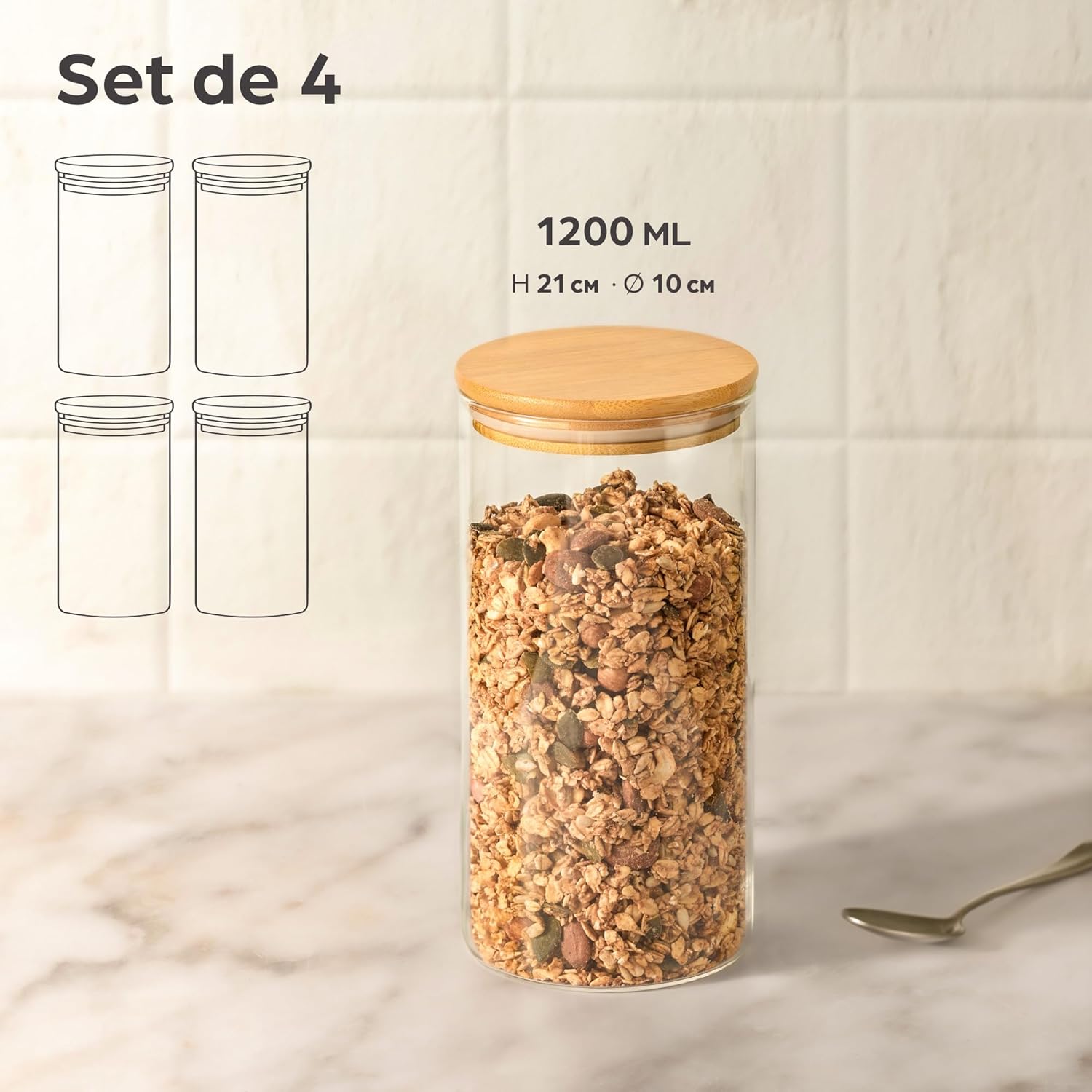 Lot de 4 Bocaux en Verre Hermetiques avec Couvercle en Bambou - Réutilisable - 8 Joints - 1,2 L - Lavable au Lave-vaisselle 4x 1200ml