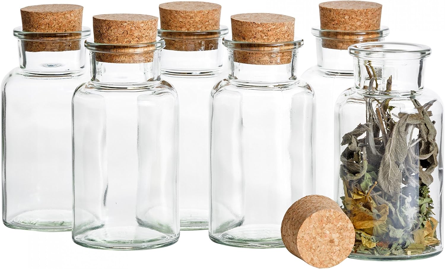 Mambocat Lot de 12 pots réutilisables en verre, capacité : 300 ml, verres ronds avec bouchon en liège, haute qualité, pour conserver les épices, le thé, les herbes