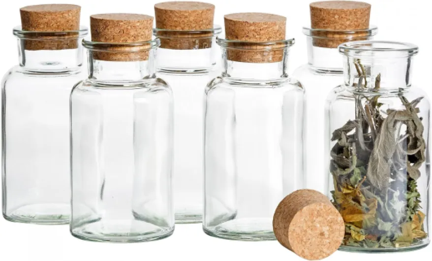 Mambocat Lot de 12 pots réutilisables en verre, capacité : 300 ml, verres ronds avec bouchon en liège, haute qualité, pour conserver les épices, le thé, les herbes