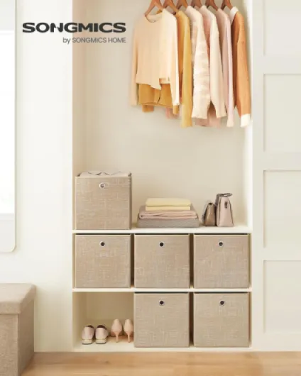 Boîtes de Rangement, Lot de 6, Coffres de Rangement en Tissu Non-Tissé avec Poignée, 30 x 30 x 30 cm, Cubes, pour Étagère, Pliables, Rangement de Vêtements, Beige Sable RFB006K03 30L x 30l x 30H cm Beige Sable