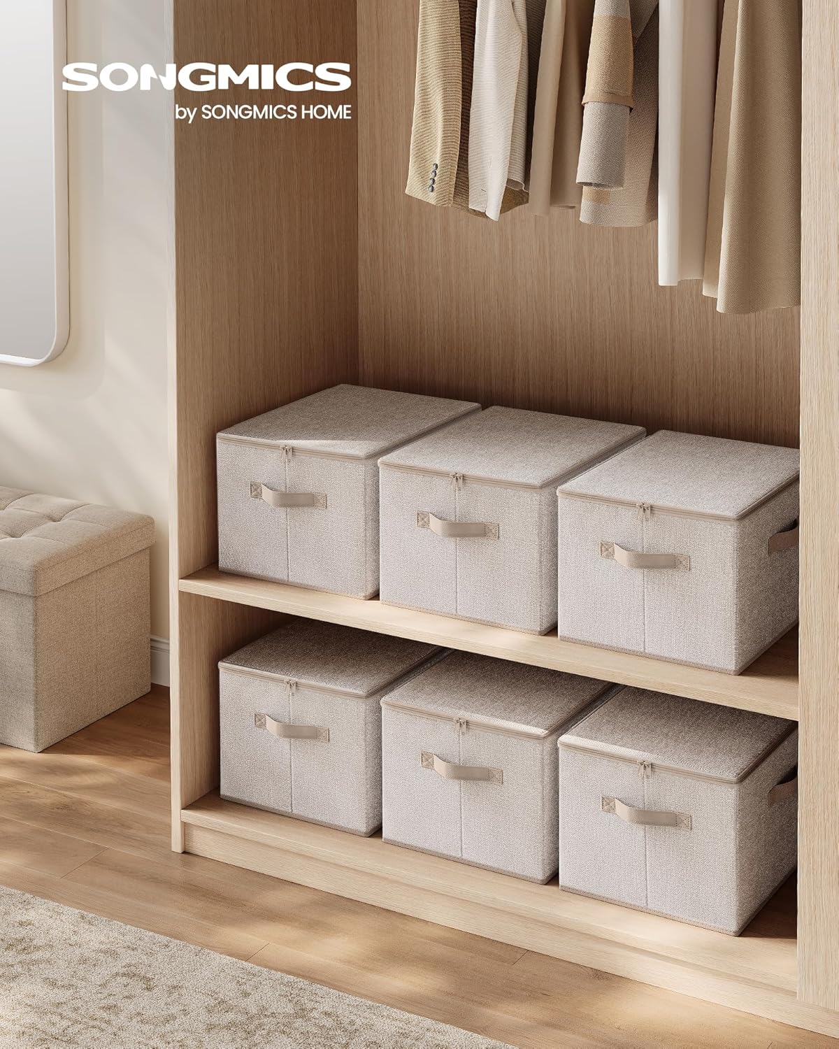 Boîte de Rangement, Pliable, avec Couvercle, Poignées, Coffre, Panier, pour Vêtements, Chaussres, en Tissu Non-tissé, Lot de 3, 40 x 30 x 25 cm, Beige Sable RZB003K01 Lot de 3 (40 x 30 x 25 cm) Beige Sable