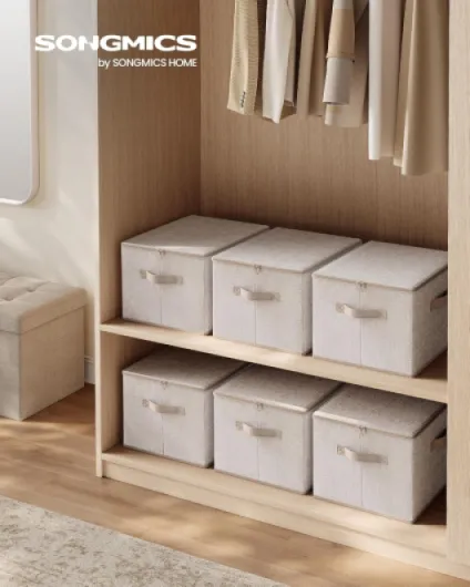 Boîte de Rangement, Pliable, avec Couvercle, Poignées, Coffre, Panier, pour Vêtements, Chaussres, en Tissu Non-tissé, Lot de 3, 40 x 30 x 25 cm, Beige Sable RZB003K01 Lot de 3 (40 x 30 x 25 cm) Beige Sable