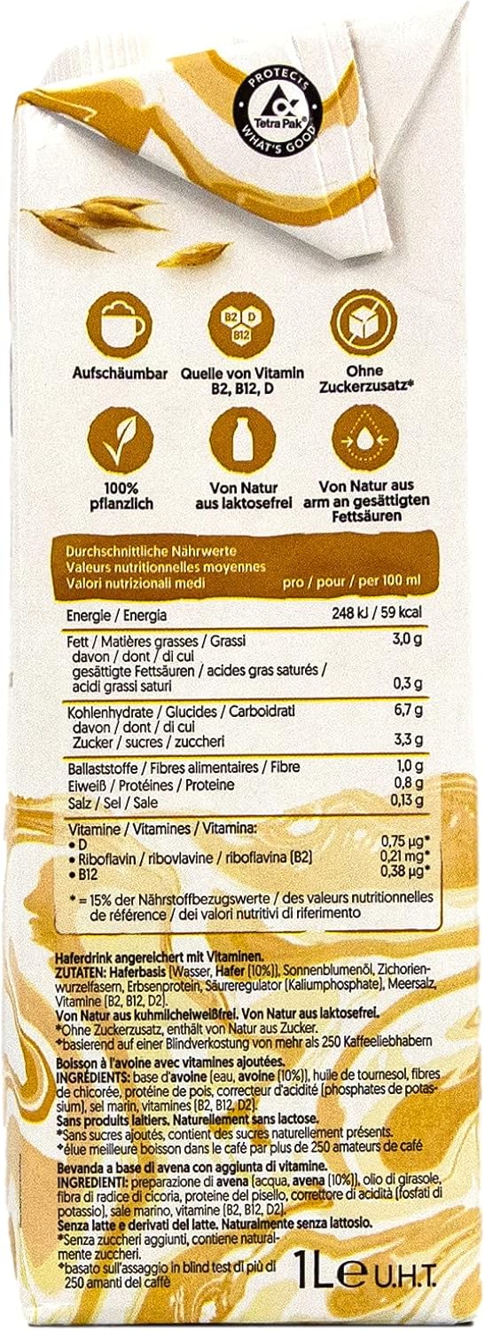 Lot de 10 boissons à l'avoine Barista 1 l - Oat avoine 100 % végétale pour faire mousser le café, les shakes et les smoothies Avoine 1 l (Lot de 10)