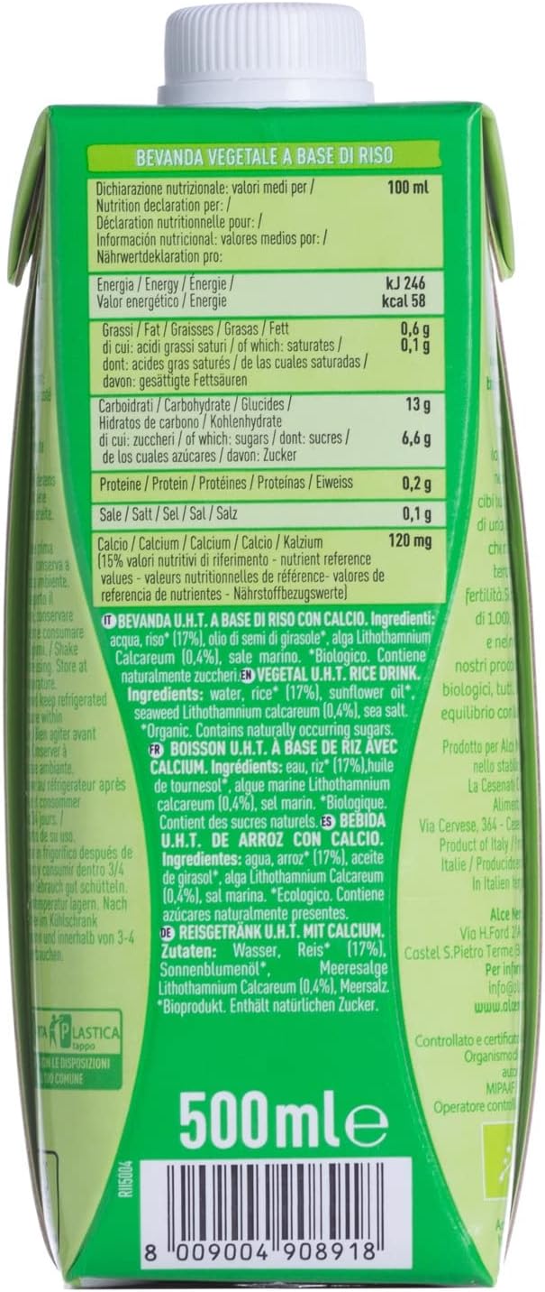 12 x Alce Nero Bevanda Biologica Vegetale a Base di Riso boisson à base de riz bio 500 ml Boisson rafraîchissante non alcoolisée