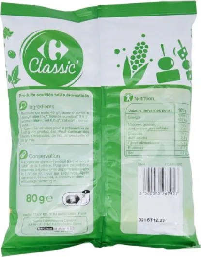 CARREFOUR CLASSIC' - Biscuits Apéritifs Soufflés Salés Aromatisés - Recette à l'Arôme Naturel - le paquet de 80g - Le Lot De 4