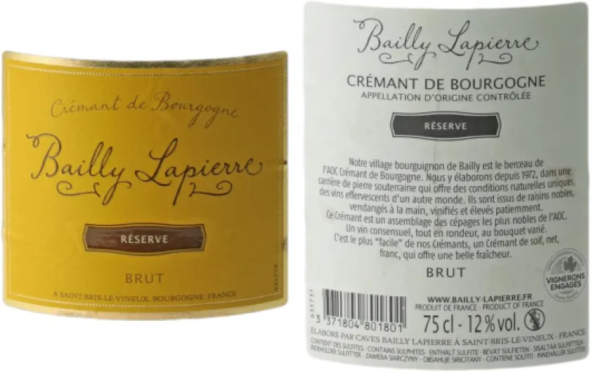 Crémant de Bourgogne Brut Réserve - Blanc - Les Caves Bailly Lapierre - Vin Blanc de Bourgogne (6x75cl) Effervescent