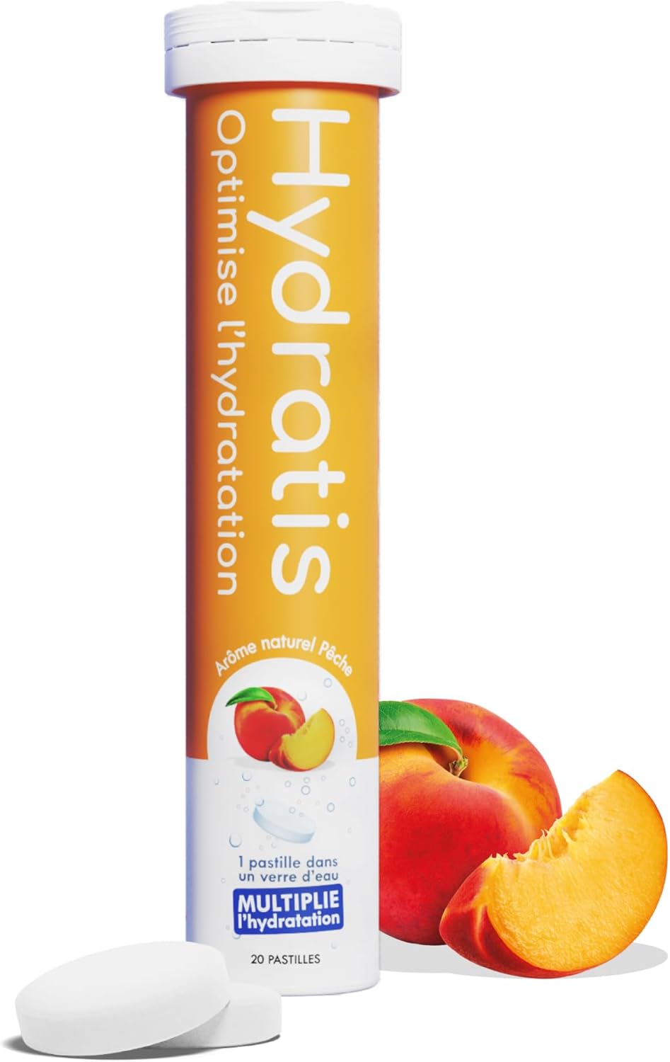 Pastilles Effervescentes Pêche - Optimise l'Hydratation - Riche en Minéraux - Faible en Sucre - Goûts Légers - Sport, Crampes, Récupération - 20 Pastilles