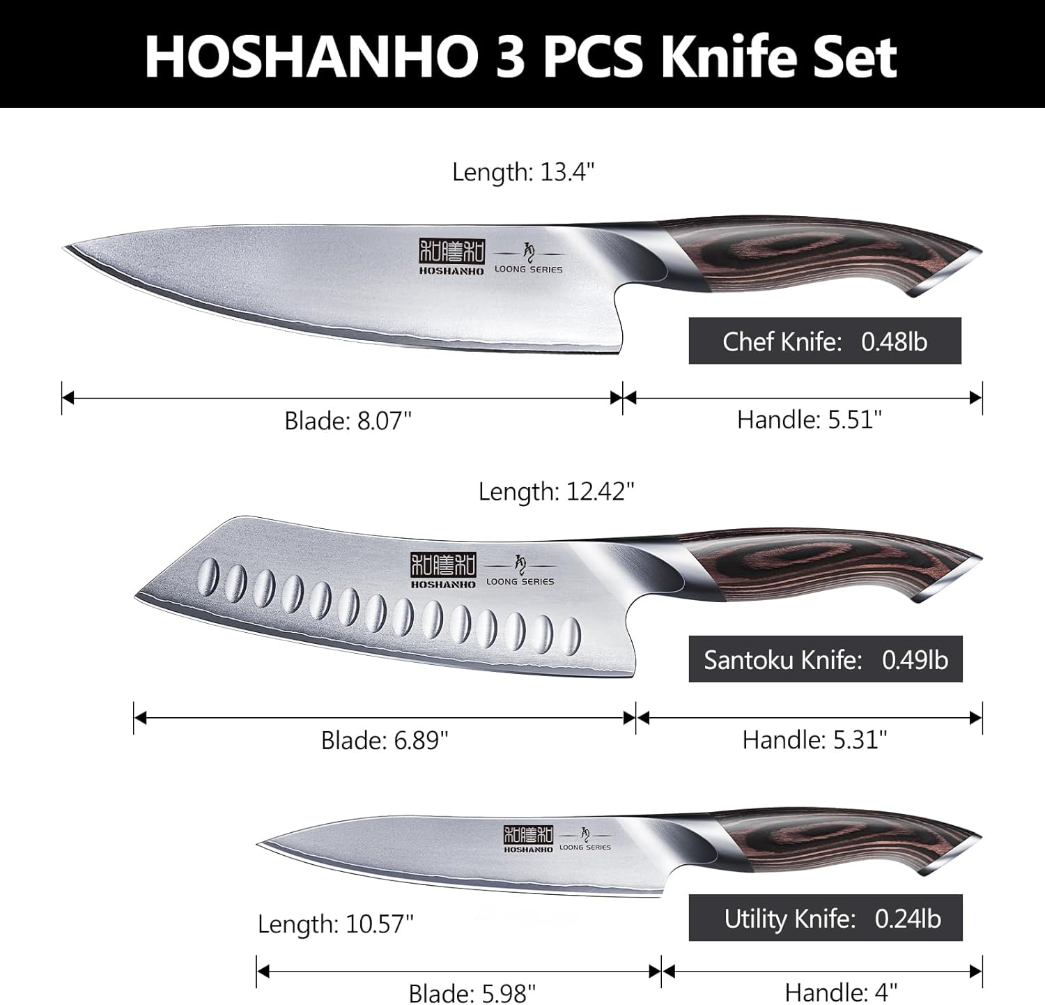 HOSHANHO 3 Pièces Set Couteau Cuisine Super Aiguisé, Couteau Japonais Professionnel, Couteaux de Cuisine en Acier Inoxydable Allemand