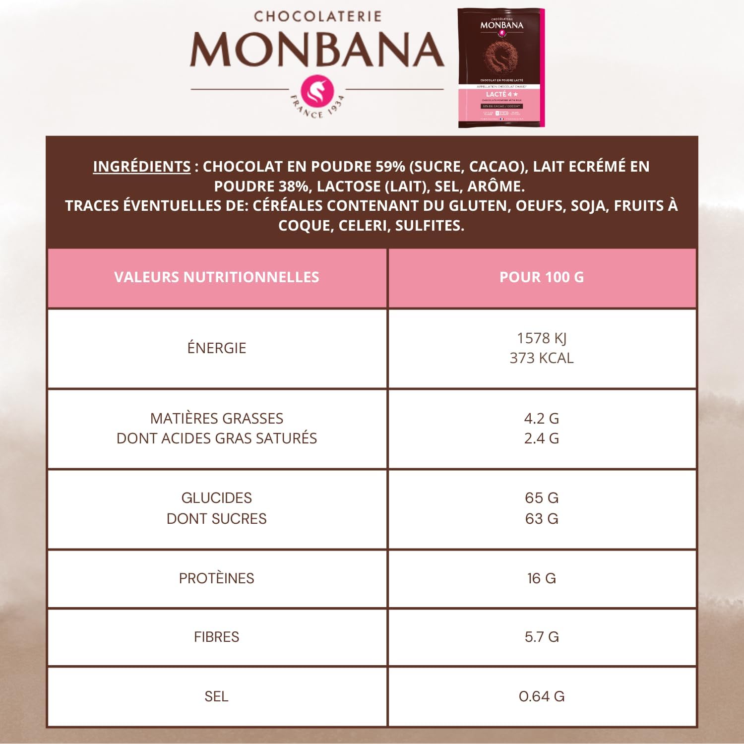 MONBANA - 50 sachets de chocolat Lacté 4* - Doses individuelles de 30 g de chocolat en poudre à déguster tout au long de la journée