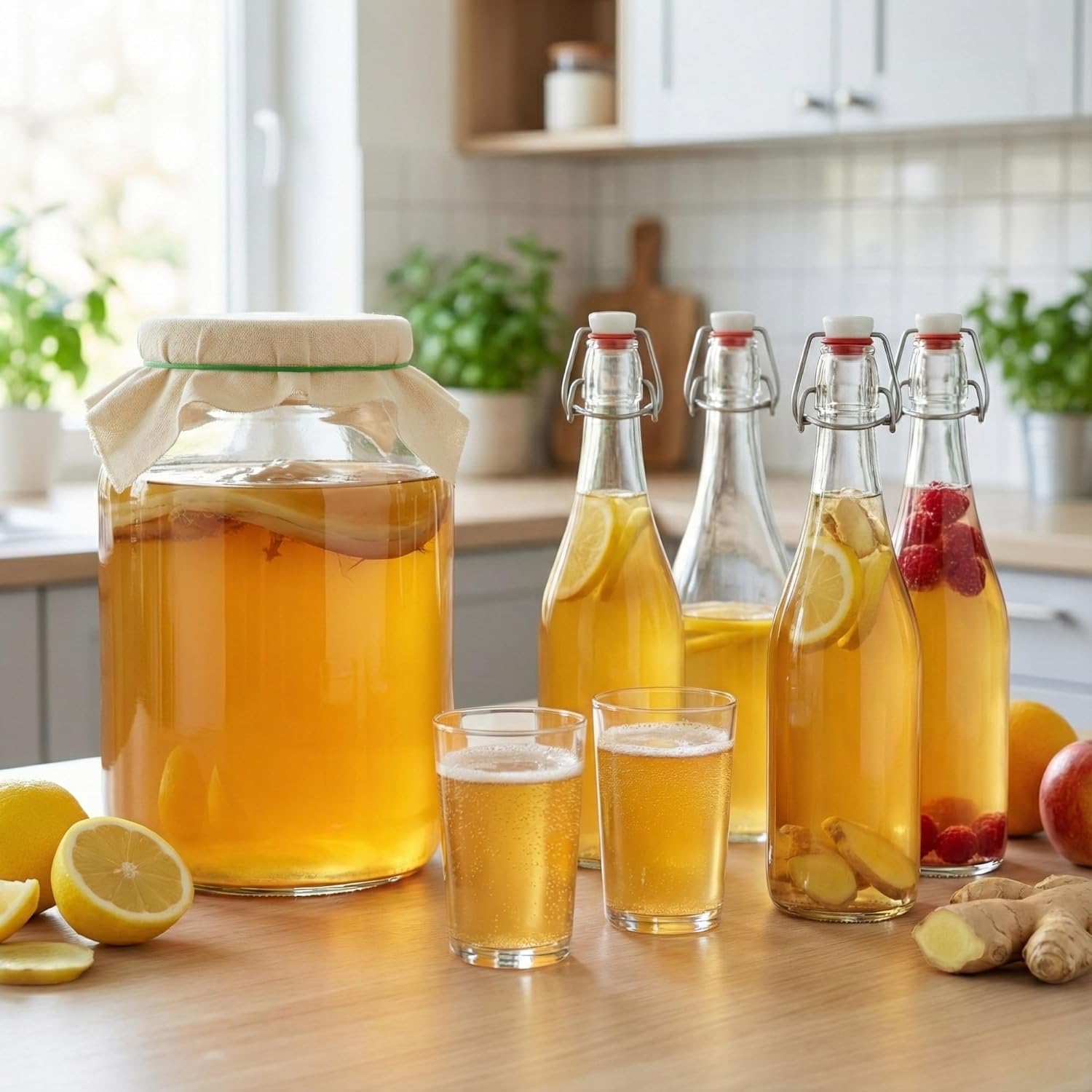 Kit Préparation Boissons Probiotiques - Set de Fermentation pour Bière, Kefir - 6 Grands Bocaux en Verre de 4L, Bouteille de 750ml avec Joint Hermétique, Entonnoir 10cm, Tissu Mousseline