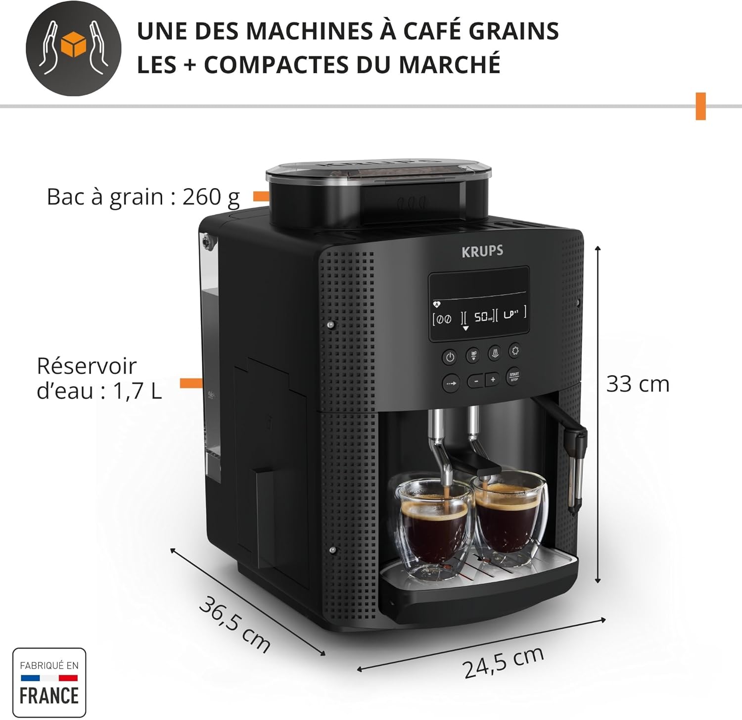 Machine a Cafe KRUPS grain, 1.7 L, Cafetiere espresso, Buse vapeur pour Cappuccino, 2 tasses en simultané, Essential YY8135FD, Noir Essential LCD