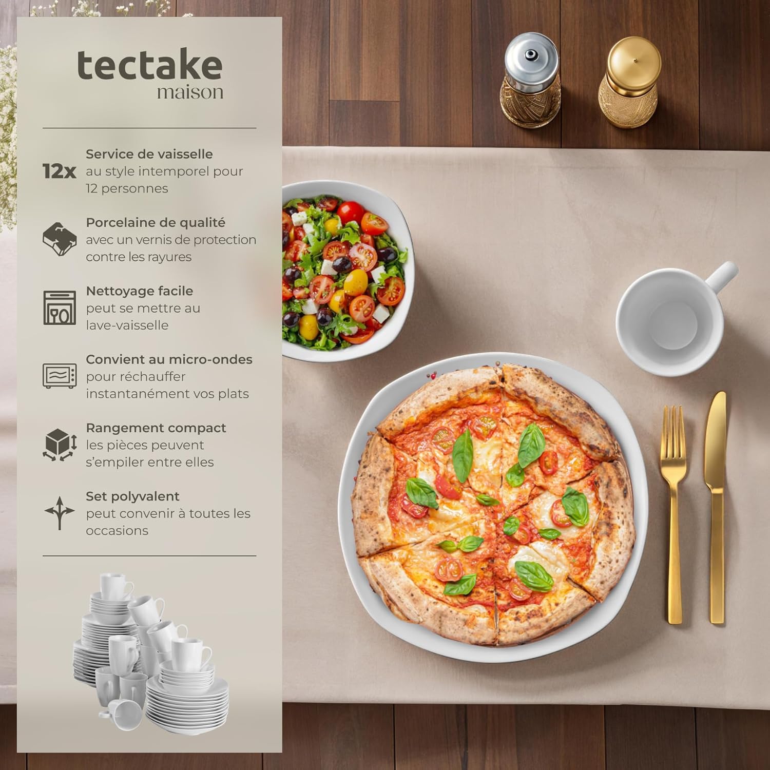 ® Service de table 12 personnes Vaisselle et arts de la table 100p - avec Assiettes creuses assiettes plates assiette à dessert coquetiers bols tasses saladier Coupelle soupe Lot assiette