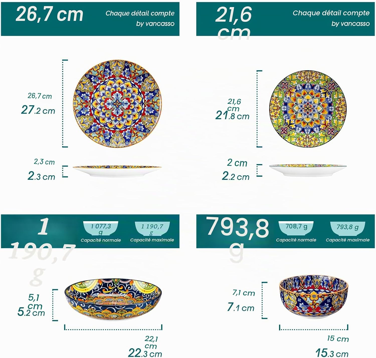 Série SIMI Service de Table 24 Pièces pour 6 Personnes, Vaisselle en Porcelaine - 6 Assiettes Plates, 6 Assiettes à Dessert, 6 Bols à Pâtes et 6 Bols à Céréales, Style Bohème Set de 24 pièces