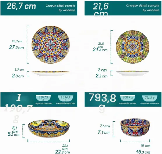 Série SIMI Service de Table 24 Pièces pour 6 Personnes, Vaisselle en Porcelaine - 6 Assiettes Plates, 6 Assiettes à Dessert, 6 Bols à Pâtes et 6 Bols à Céréales, Style Bohème Set de 24 pièces