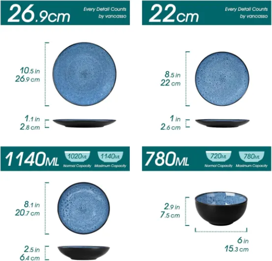 Service de Table pour 6 Personnes, Service Vaisselle 24 Pièces en Grès - 6 Assiettes Plates, 6 Assiettes à Dessert, 6 Assiettes Creuses et 6 Bols - Glaçure Bleu, Compatible Micro-Ondes 24 pièces Bleu
