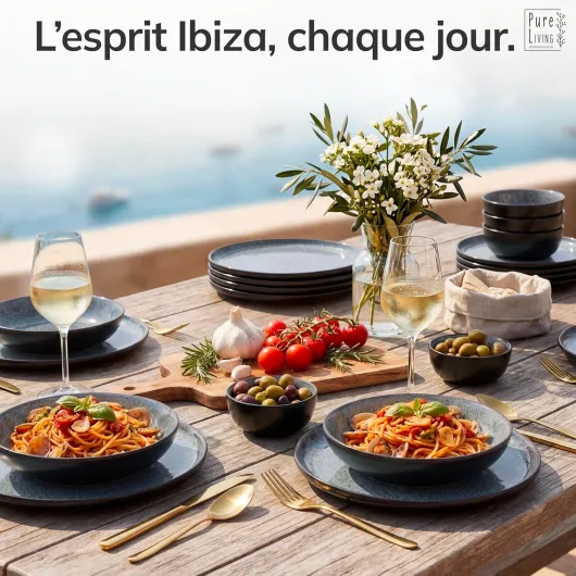 Pure Living Service de table 24 pièces pour 6 personnes – Beau service de table en grès de style méditerranéen pour 6 personnes – Passe au lave-vaisselle et au micro-ondes – Service de pour 6 Gris Set de 24 pièces