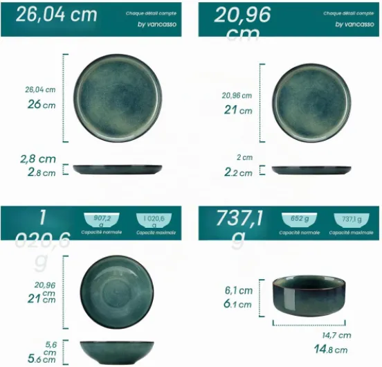 Série STARRY Service de Table 24 Pièces en Grès, Service Vaisselle 6 Personnes, avec 6 Assiettes Plates, 6 Assiettes à Dessert, 6 Bols à pâtes, 6 Bols à Céréales, Vert à Émail Réactif 24 Pièces Vert
