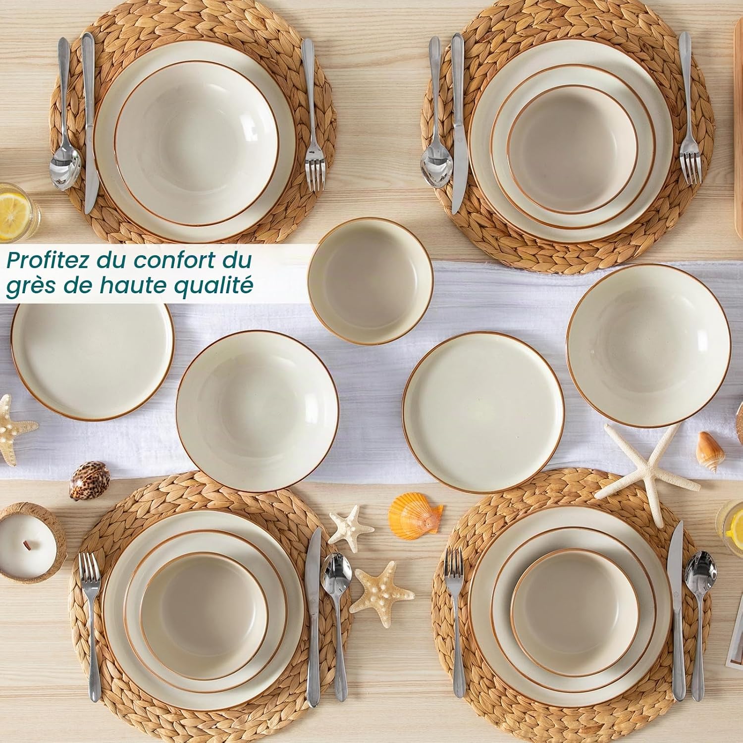 RENO Assittes Service de Table 24 Pièces,Service vaisselle 6 Personnes - 6 Assiettes Plates, 6 Dessert, 6 Creuses, 6 Bols -Adapté au Micro-Ondes- Émail Beige Mat 24 Pièces Beige#a