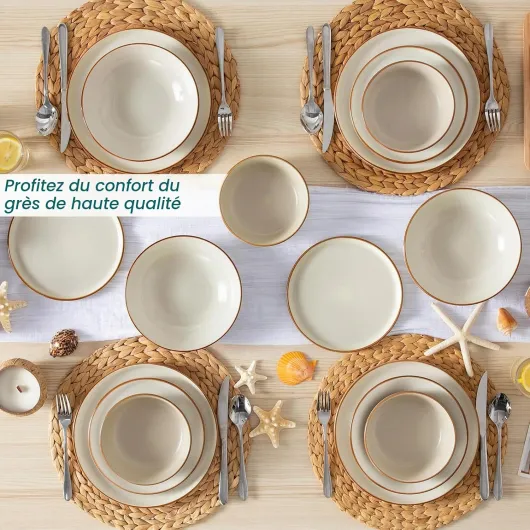 RENO Assittes Service de Table 24 Pièces,Service vaisselle 6 Personnes - 6 Assiettes Plates, 6 Dessert, 6 Creuses, 6 Bols -Adapté au Micro-Ondes- Émail Beige Mat 24 Pièces Beige#a
