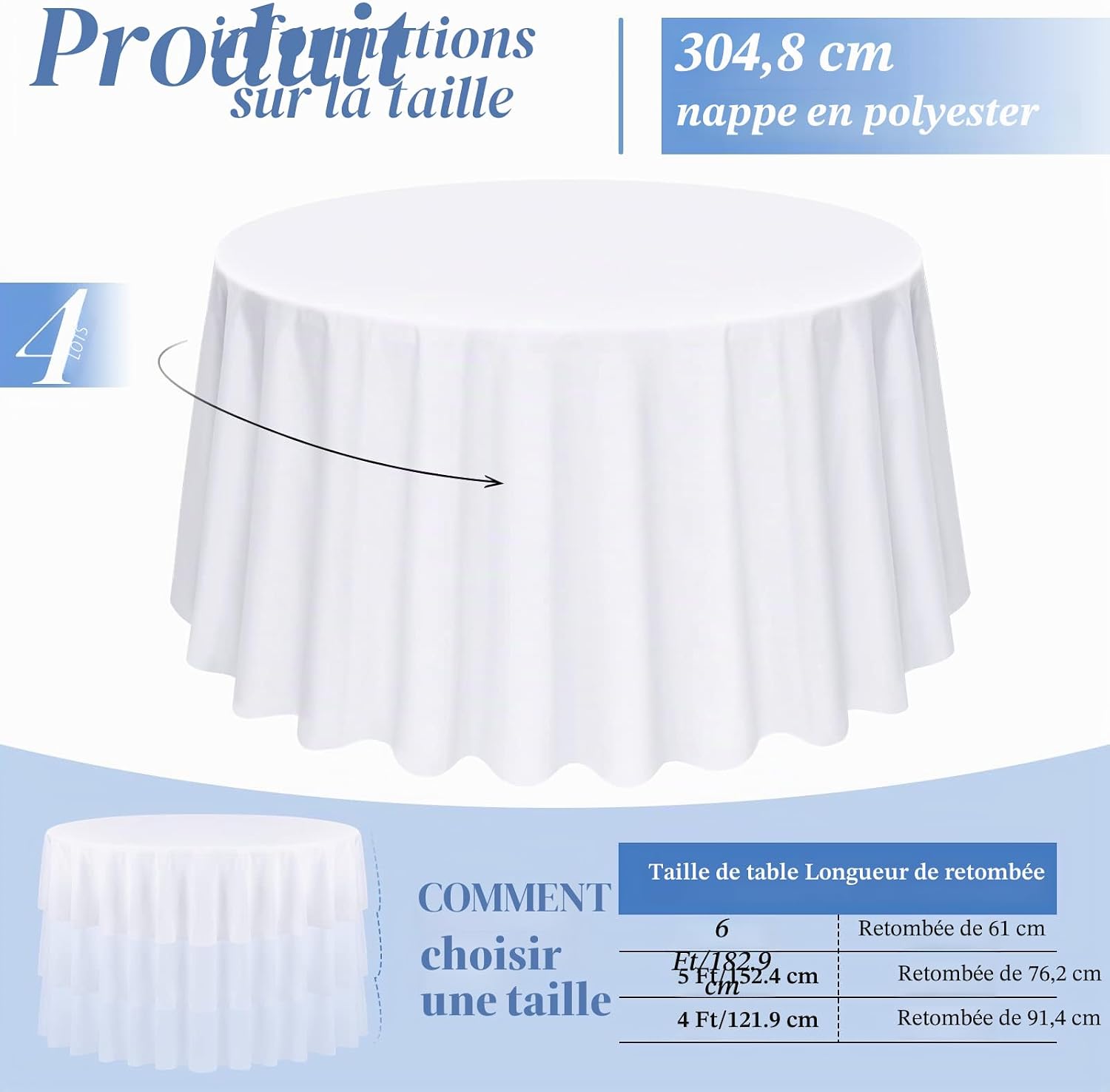 Lot de 4 nappes Rondes, Nappe Ronde Blanche, Nappe Ronde de 120 pouces/304CM, Linge de Table en Tissu Polyester Lavable pour Mariages, banquets ou Restaurants (Blanc) Blanc 4 Pack-304 CM Round