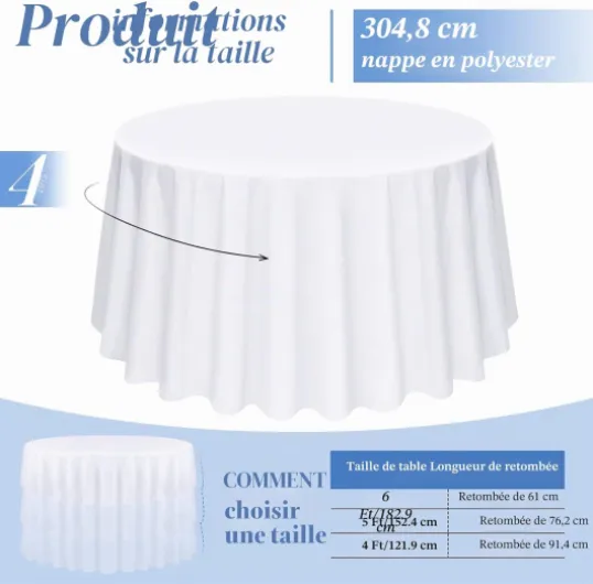 Lot de 4 nappes Rondes, Nappe Ronde Blanche, Nappe Ronde de 120 pouces/304CM, Linge de Table en Tissu Polyester Lavable pour Mariages, banquets ou Restaurants (Blanc) Blanc 4 Pack-304 CM Round