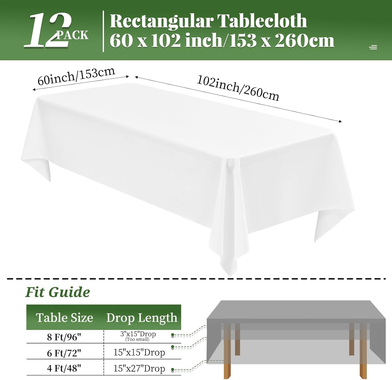 Paquet de 12 nappes Blanches 153x260 cm nappes rectangulaires Nappe Blanche pour Table de 6 Pieds Nappe en Tissu Polyester lavables rectangulaires pour Banquet de fête de Mariage Blanc 12 Pack-60x102in(153x260cm)