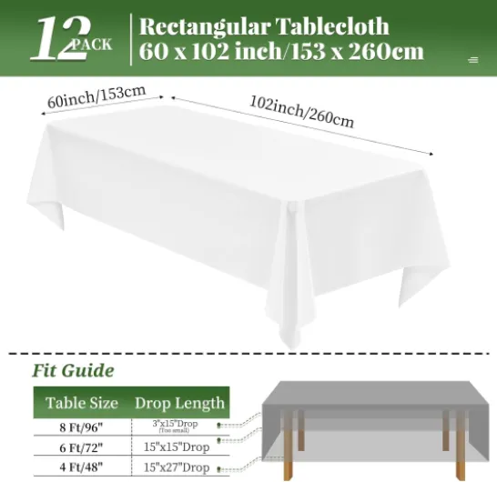 Paquet de 12 nappes Blanches 153x260 cm nappes rectangulaires Nappe Blanche pour Table de 6 Pieds Nappe en Tissu Polyester lavables rectangulaires pour Banquet de fête de Mariage Blanc 12 Pack-60x102in(153x260cm)